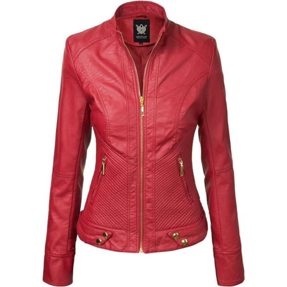 Slim Fit Stylish Vegan Leather Moto Jacket Red - Picture 2 of 7